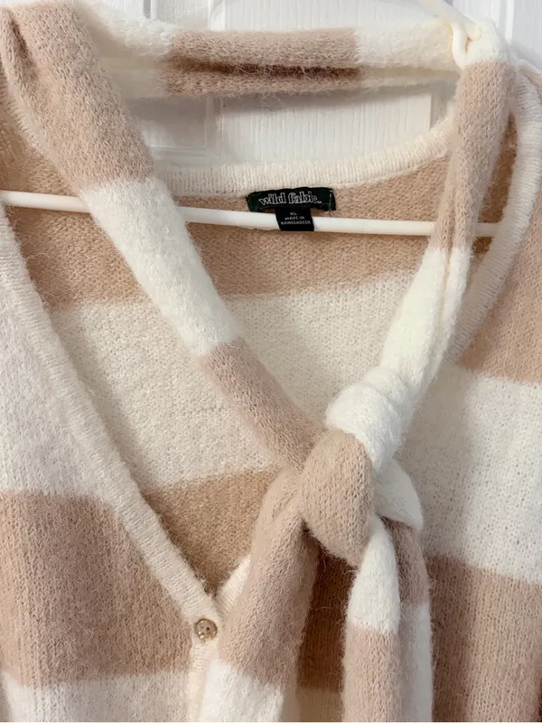 wild fable Beige & Cream Striped Tie-Neck Cardigan - Image 3