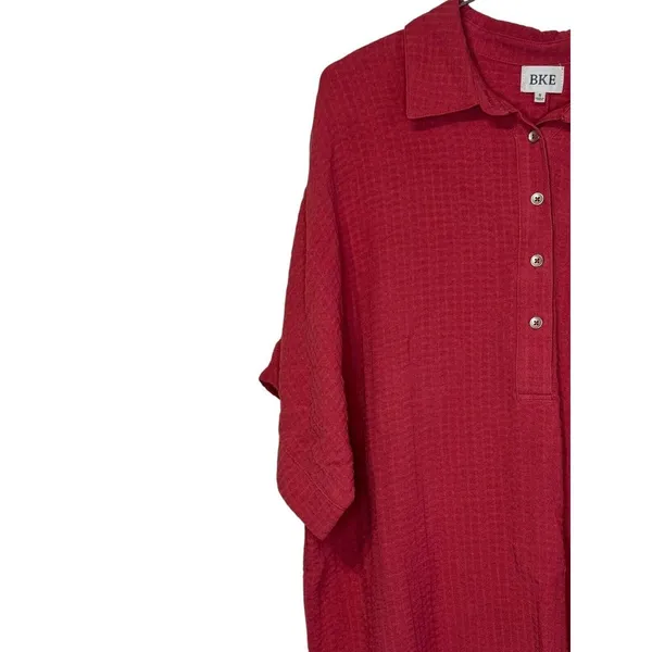 BKE Women Top Shirt Button Front Collar Pocket Short Sleeve Oversized Red‎ Small - Image 3