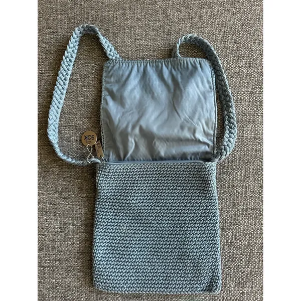 The Sak Light Blue Crochet Crossbody Bag Small Flap Braided Strap Boho Purse EUC - Image 3