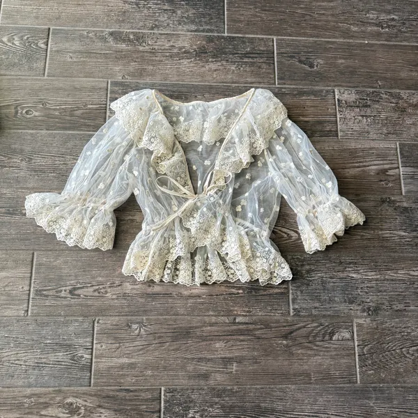 Cider Sheer Mesh V-neck Floral Embroidered Ruffle Blouse with Bell Sleeves - Image 4