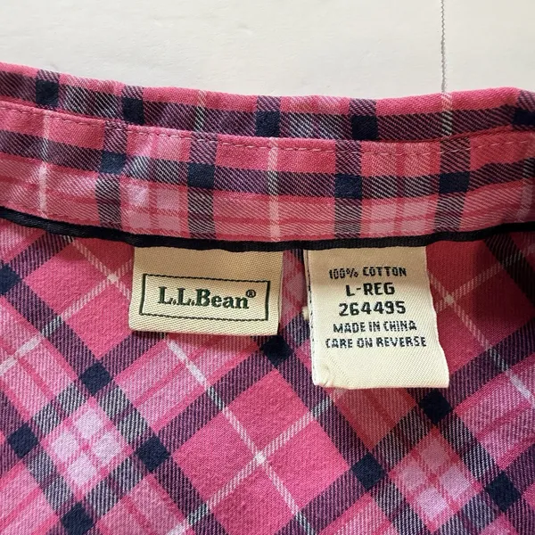 LL Bean Pink Plaid Cotton Roll Tab Button Up Casual Shirt Size LARGE - Image 10