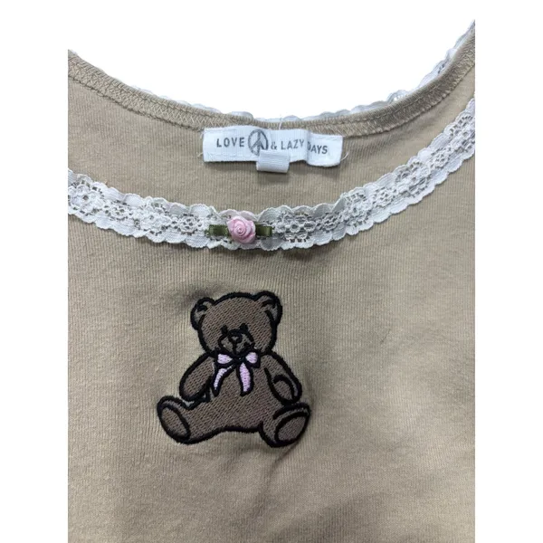 Love & Lazy Days Tank Top XL Teddy Bear Tan Lace Trim‎ Cropped Camisole Y2K - Image 2