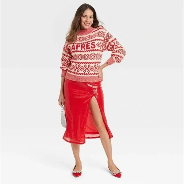 A New Day Apres Crew Neck Graphic Pullover Sweater Red Size Medium - Image 3