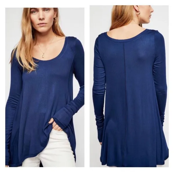 Free‎ People Women's January Ribbed Scoop Neck Long Sleeve Tunic Top Navy Medium - Image 2