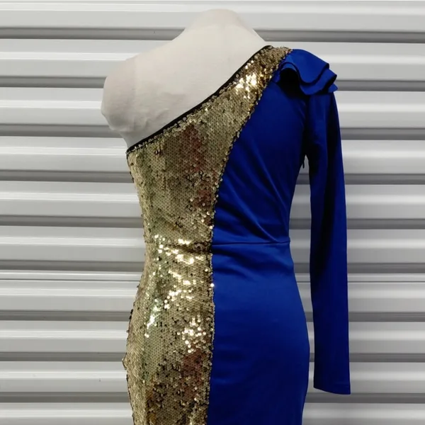 Womens One Shoulder Sequin Midi Dress Size XS Blue Gold Wedding Party Evening - Image 7