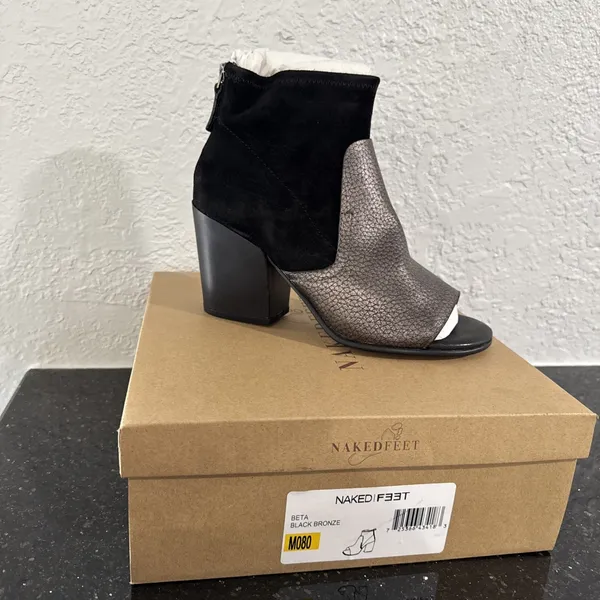 Naked Feet Womens Beta Bootie Leather/Suede Upper Block Heel Peep Toe 8M Black - Image 2