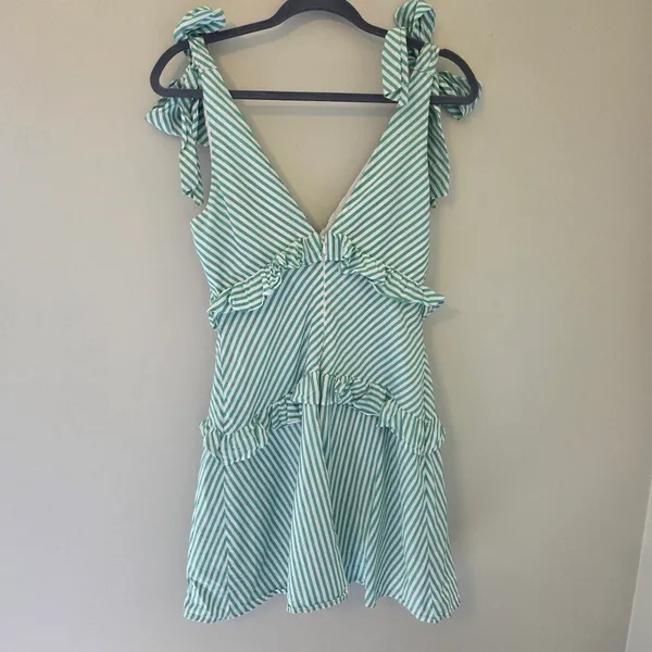 BCBGeneration Green and White Striped V-Neck Tie Shoulder Dress - Image 4