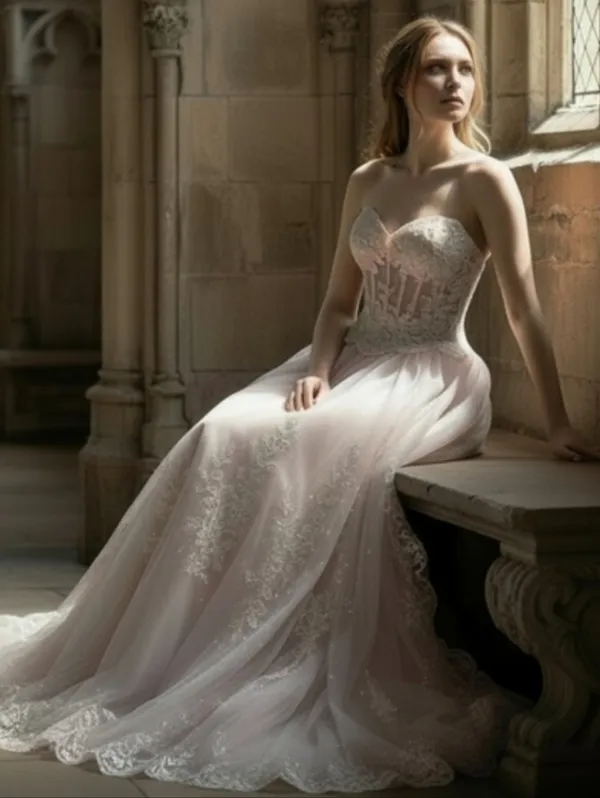 PC Mary’s Blush Princess Beaded Corset Gown Strapless Boned Bodice Prom/Wedding - Image 3