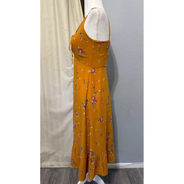 re:named Mustard Yellow Midi Dress Size M Floral Ruffle Sweetheart Keyhole Tie - Image 12
