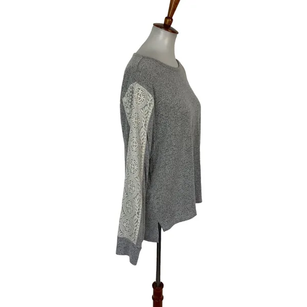 Anthropologie Flora Nikrooz Gray Knit Top‎ L Lace Sleeve Pullover Loungewear Casual Cozy Shirt - Image 2