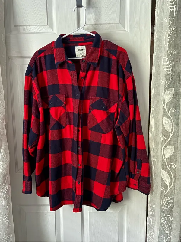 Aerie Buffalo Plaid Flannel Button-Up oversized boyfriend l Shirt women sz XL - Image 2