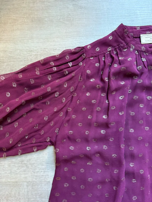 Moulinette Soeurs Anthropologie Allegra Gold Foil Printed Burgundy Blouse Size M - Image 5