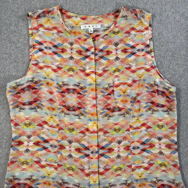 Cabi Women's Large Avery Aztec Geometric Sleeveless Blouse Top Sheer Button Up - Image 2