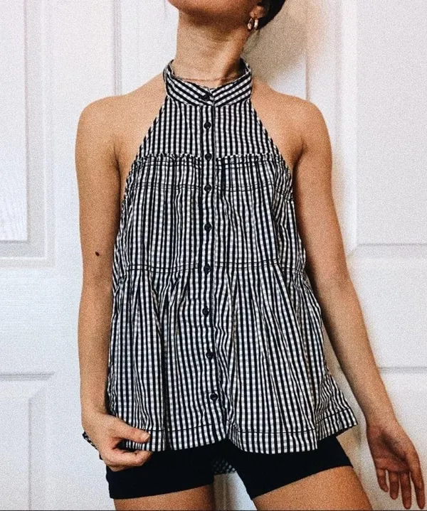 Free People Take It Easy Gingham Halter Top Black White Plaid Small Buttons - Image 3