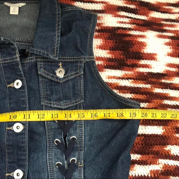 Y2K Mcbling Goth Grunge Cyber Punk Denim Jean Corset Lace up Corset Vest Jacket Shirt Top Blouse Navy Blue Cargo Pockets Sleeveless Dark Wash #whimsygoth #preppy #subversive #acubi #academia Size M - measurements in pics - Image 5