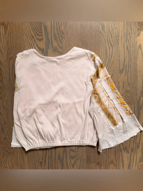 Free People Embroidered V-Neck Peasant Top in Cream and Mustard - Image 4