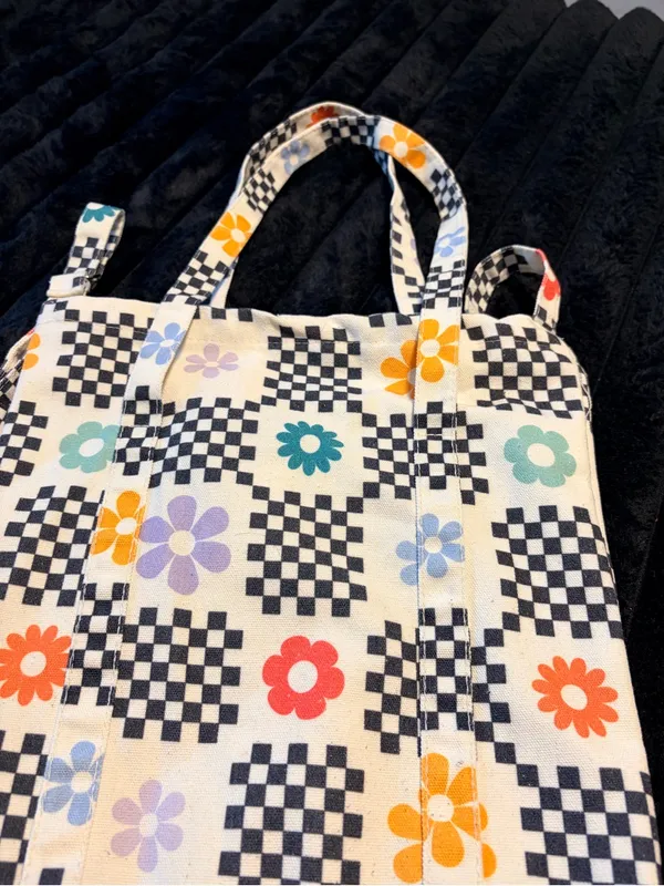 Checkerboard Floral Canvas Tote Bag in Multi-Color - Image 2