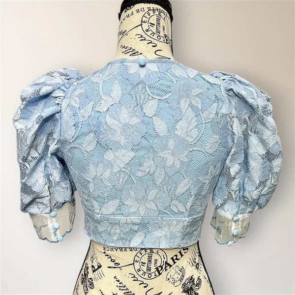 For Love & Lemons Uma Lace Crop Top S Blue Embroidered Puff Sleeve NWT Fairycore - Image 6