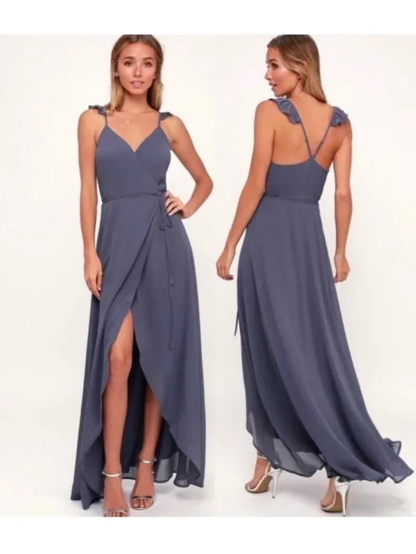 Lulus Here's To Us Maxi Wrap Dress in Granite Blue Size Medium - Image 2