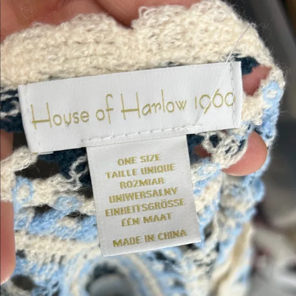 House Of Harlow 1960 Blue and Cream Crochet Fringe Sweater Shrug Coverup One Siz - Image 2