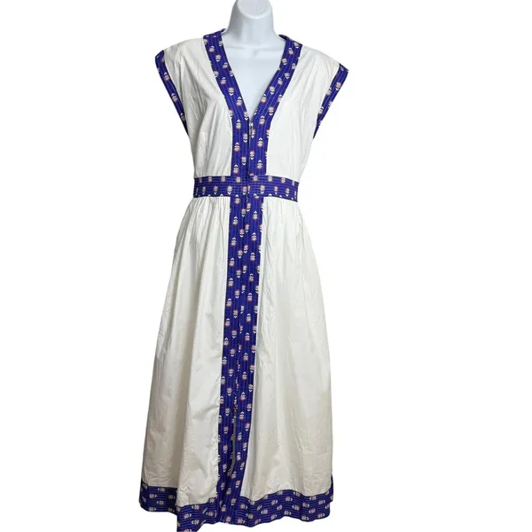 TCEC Womens White Blue Floral Block Print Trim V-Neck Zip Front Midi Dress L - Image 3