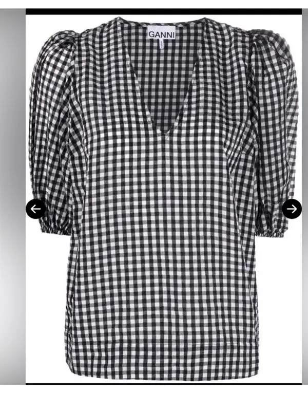 Ganni Seersucker Check Plaid Balloon Sleeve Blouse Womens 36 4 Black White - Image 3