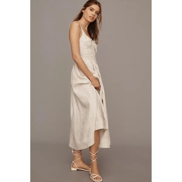 Reformation Balia Linen Midi Dress Size 10 Tan White Striped Smocked Sleeveless - Image 3