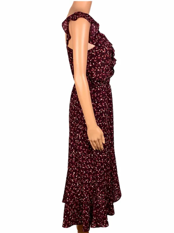 SOCIALITE Burgundy Surplice Faux-Wrap Asymmetrical Ruffle Midi Dress Small - Image 6