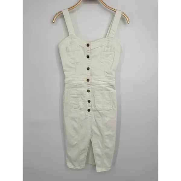Ramy Brook Denim‎ Midi Dress 25/0 Ivory Button Front Sleeveless Utility Bodycon - Image 4