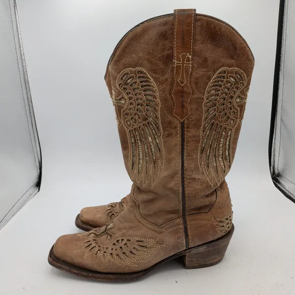 Golden Guns Womens Brown Leather Wing Cross Square Toe Western Boots Size 9 - Image 2