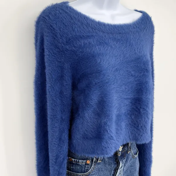 Natural Life Blue Fuzzy Cropped Sweater Boat Neck Long‎ Sleeve Womens XL - Image 2