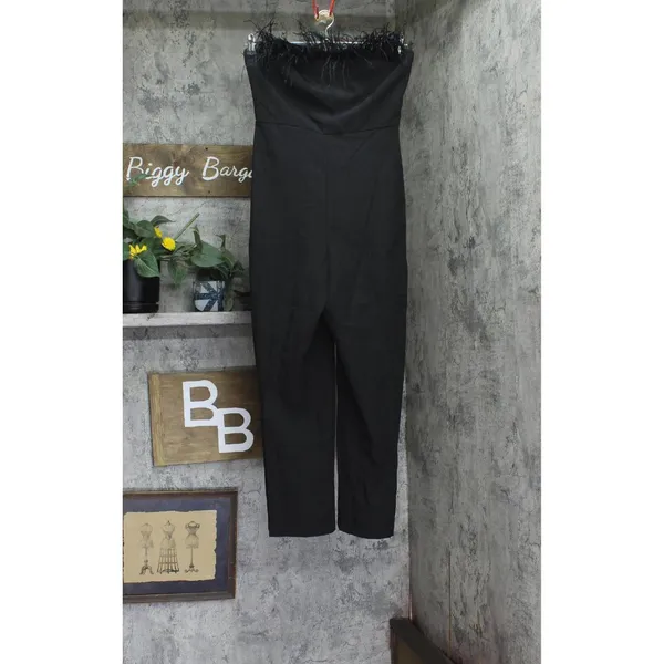 NWT Sam Edelman Womens Strapless Bandeau Neck Feather Trim Jumpsuit Black 8 - Image 5