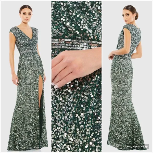 Mac Duggal 5489 Womens Green Cap SLEEVE SEQUINED HIGH SLIT GOWN - Image 2