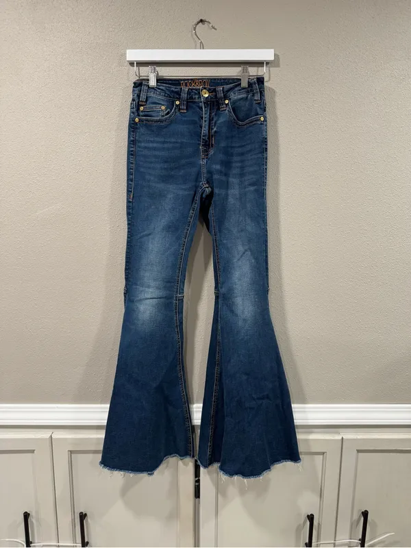 Rock & Roll High-Waist Dark Blue Flare Jeans for Women 24x32 - Image 4