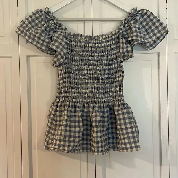 Max Studio NWT blue gingham smocked bust blouse M - Image 9