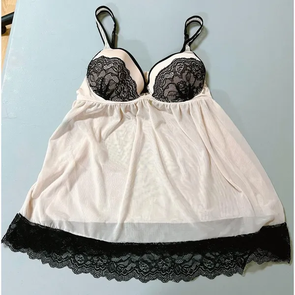 Light Pink Pastel Sheer Floral Lace Babydoll Nightie Nightgown Chemise Dress Bra Lingerie Size M 🖤 - Image 2