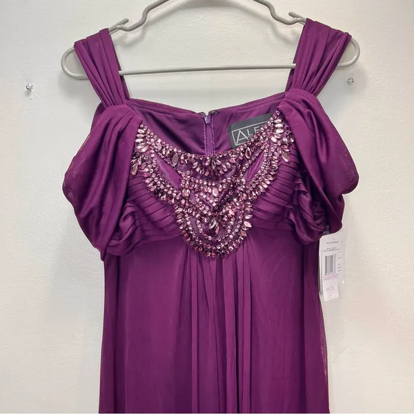 NWT Alex‎ Evenings Plum Purple Beaded Cold Shoulder Chiffon Maxi Dress Size 6 - Image 3