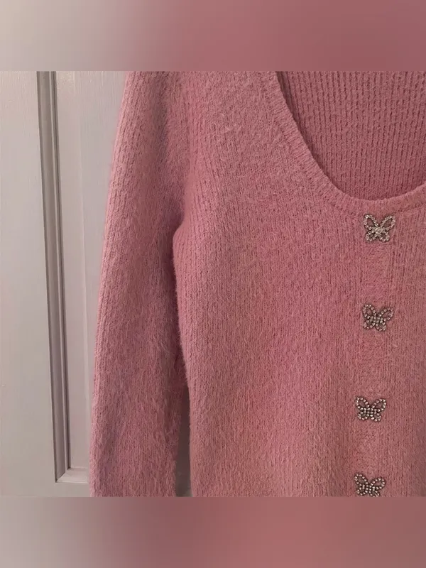 Pink Fuzzy Rhinestone Butterfly Button Long Sleeve Sweater - Image 6