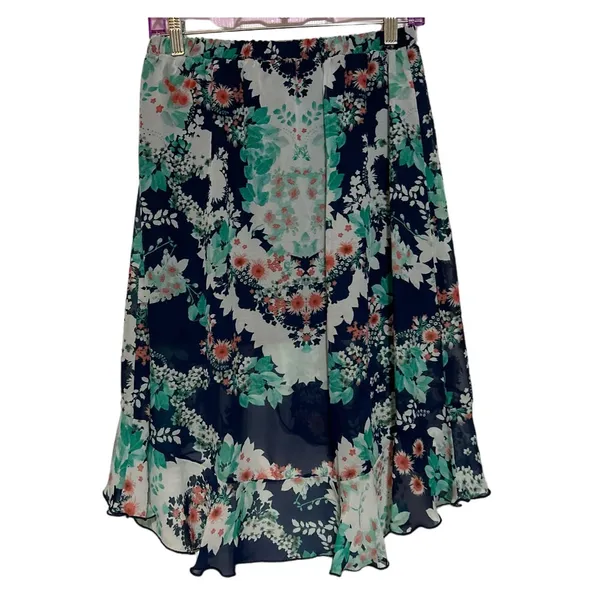 By & By Women's Blue Floral High Low Ruffed Front Skirt Elastic Waist‎ Size L - Image 2