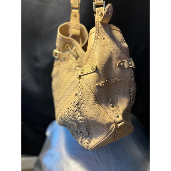 Cole Haan Genevieve Tan Woven Leather Hobo Bag Optical Weave Tassel Shoulder Bag - Image 2