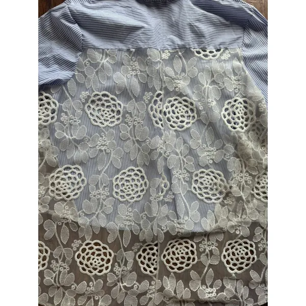 Womens Blue White Striped Button Down Blouse Lace Back Pocket Size XL - Image 4