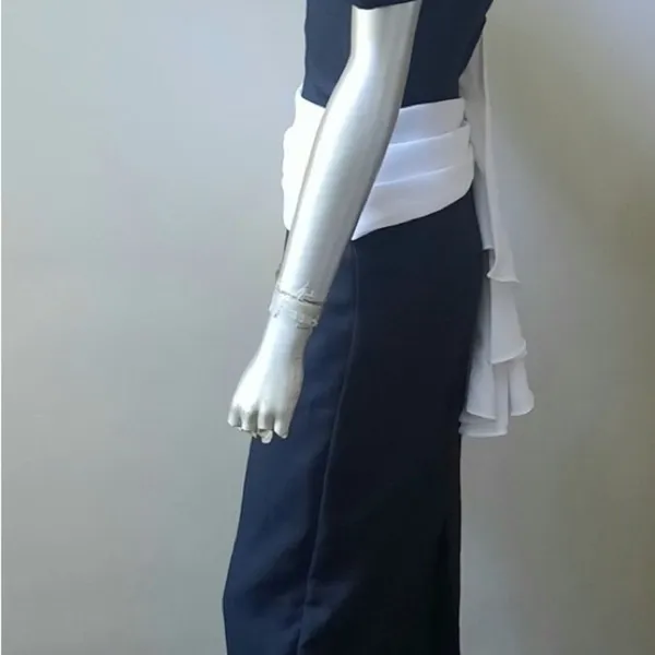 Vintage 80s Black White Puff Sleeve Column Maxi Dress Open Back Prom Goth Formal - Image 4