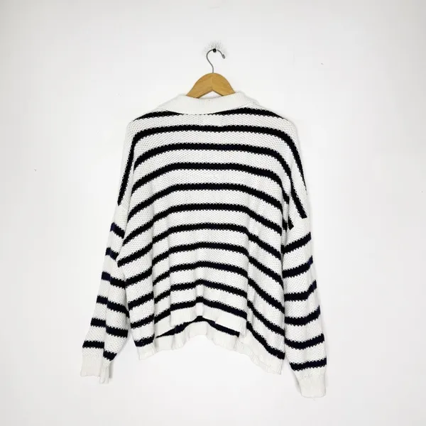 Aerie Ivy Polo Sweater XL Navy White Striped Cotton Knit Oversized - Image 5