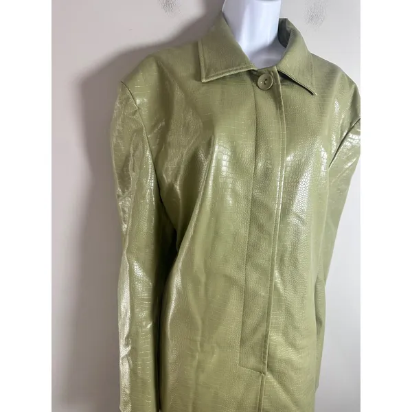 UNAULB Sage Green Crocodile Embossed Faux Leather Trench Coat Jacket Oversized - Image 5