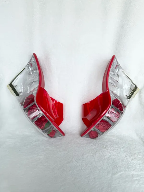 Red Clear Wedge Slide Sandals with Rose - Image 7