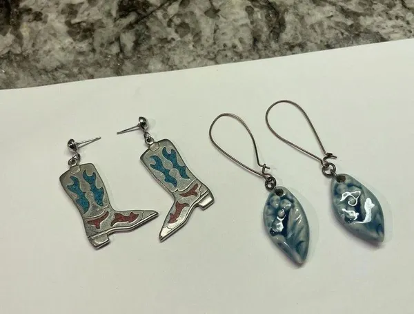 Lot Of 2 Costume Pierced Earrings Mix Dangle Mix - 1 Handmade 1 Cowboy Boots - Image 2