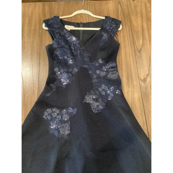 rickie freeman teri jon a line navy sleeveless floral sequin Mini dress 2 - Image 10