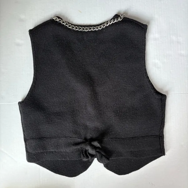 Zara 100% wool chain link neckline knit waist coat vest black XS - Image 3