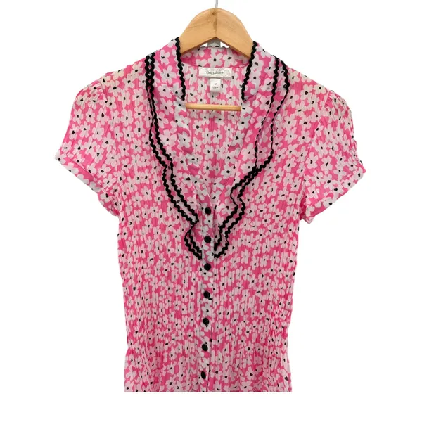 Dressbarn Pink Floral Pleated‎ Ruffle Button Blouse Romantic Cottagecore M - Image 2