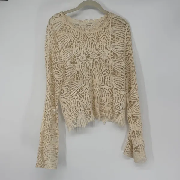 Boho Crochet Lace Long Sleeve Top‎ Cream Sheer Bell Sleeve Festival Blouse - Image 2